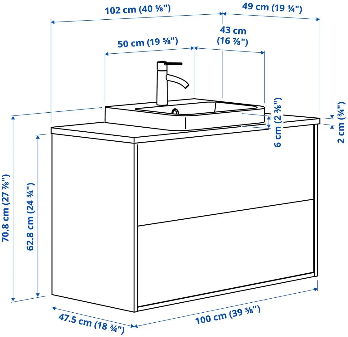 Набор тумбы с раковиной Ikea Angsjon/Backsjon с ящиками 102x49x71 (Имитация Коричневого Дуба/Имитация Белого Мрамора) - 10