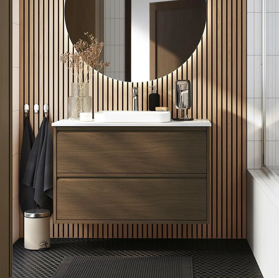 Набор тумбы с раковиной Ikea Angsjon/Backsjon с ящиками 102x49x71 (Имитация Коричневого Дуба/Имитация Белого Мрамора)