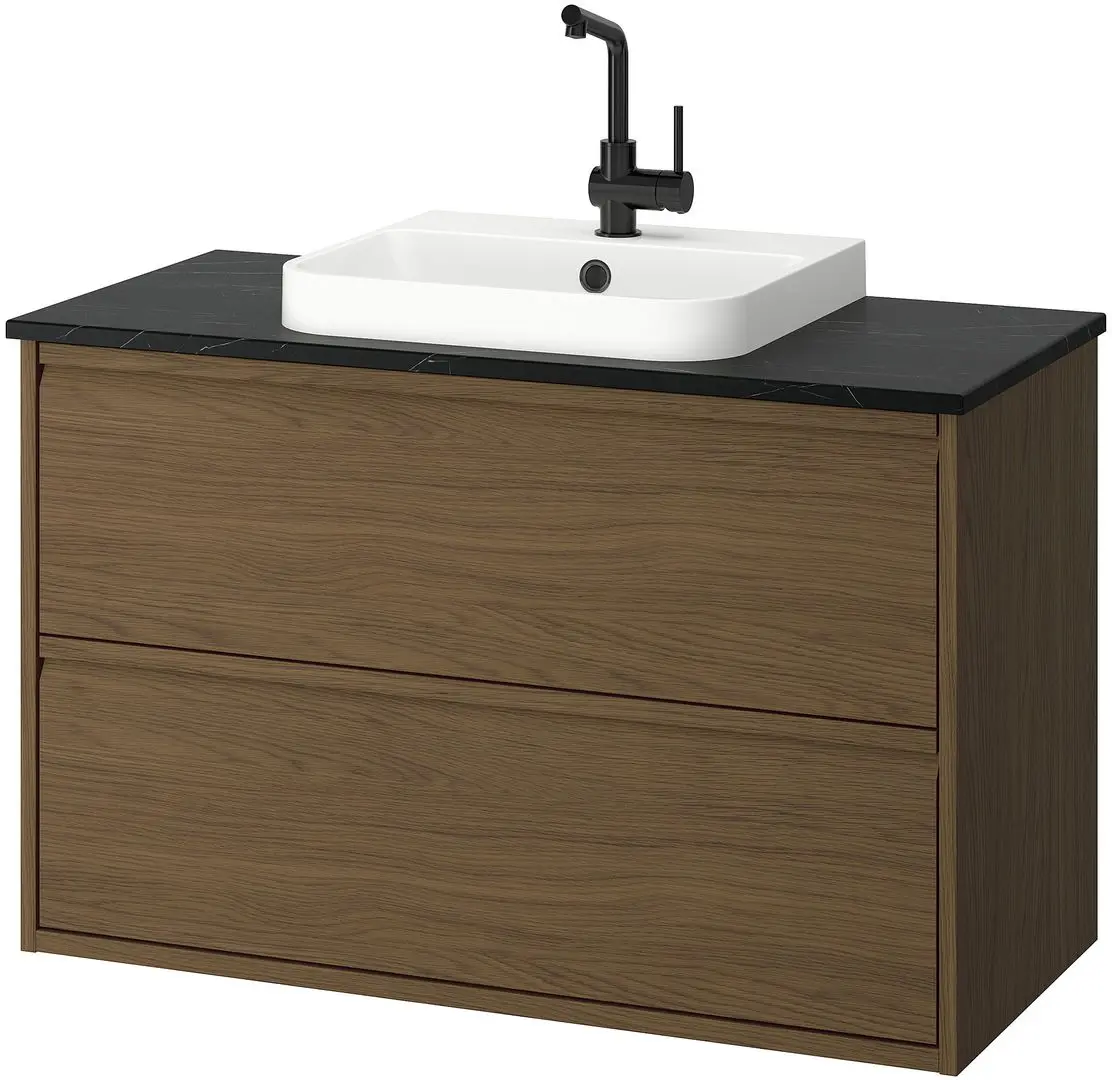 Набор тумбы с раковиной Ikea Angsjon/Backsjon с ящиками 102x49x71 (Имитация Коричневого Дуба/Имитация Черного Мрамора) - 2