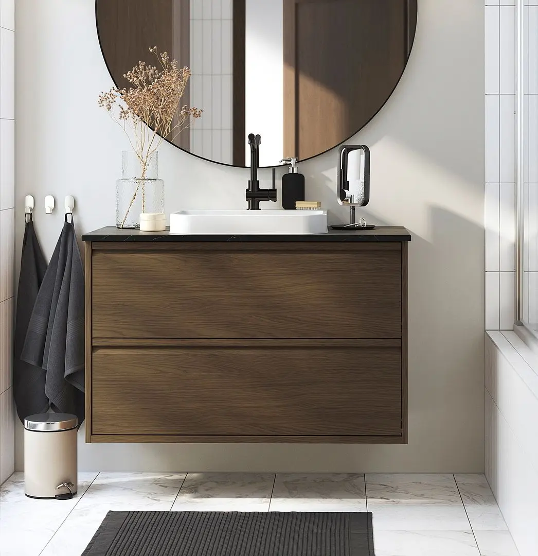 Набор тумбы с раковиной Ikea Angsjon/Backsjon с ящиками 102x49x71 (Имитация Коричневого Дуба/Имитация Черного Мрамора)