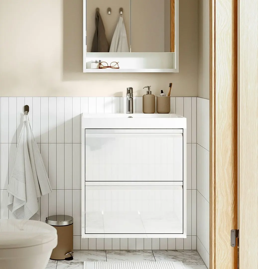 Набор тумбы с раковиной Ikea Angsjon/Backsjon с ящиками 60x48x69 (Глянцевый Белый)