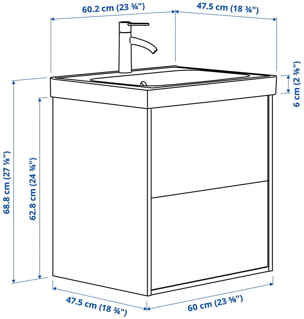 Набор тумбы с раковиной Ikea Angsjon/Backsjon с ящиками 60x48x69 (Имитация Коричневого Дуба) - 9