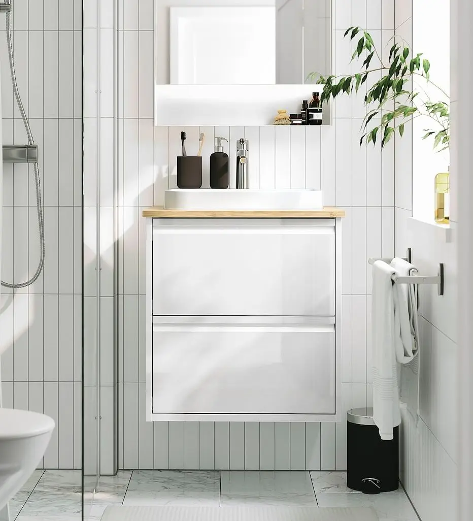 Набор тумбы с раковиной Ikea Angsjon/Backsjon с ящиками 62x49x71 (Глянцевый Белый/Бамбук)