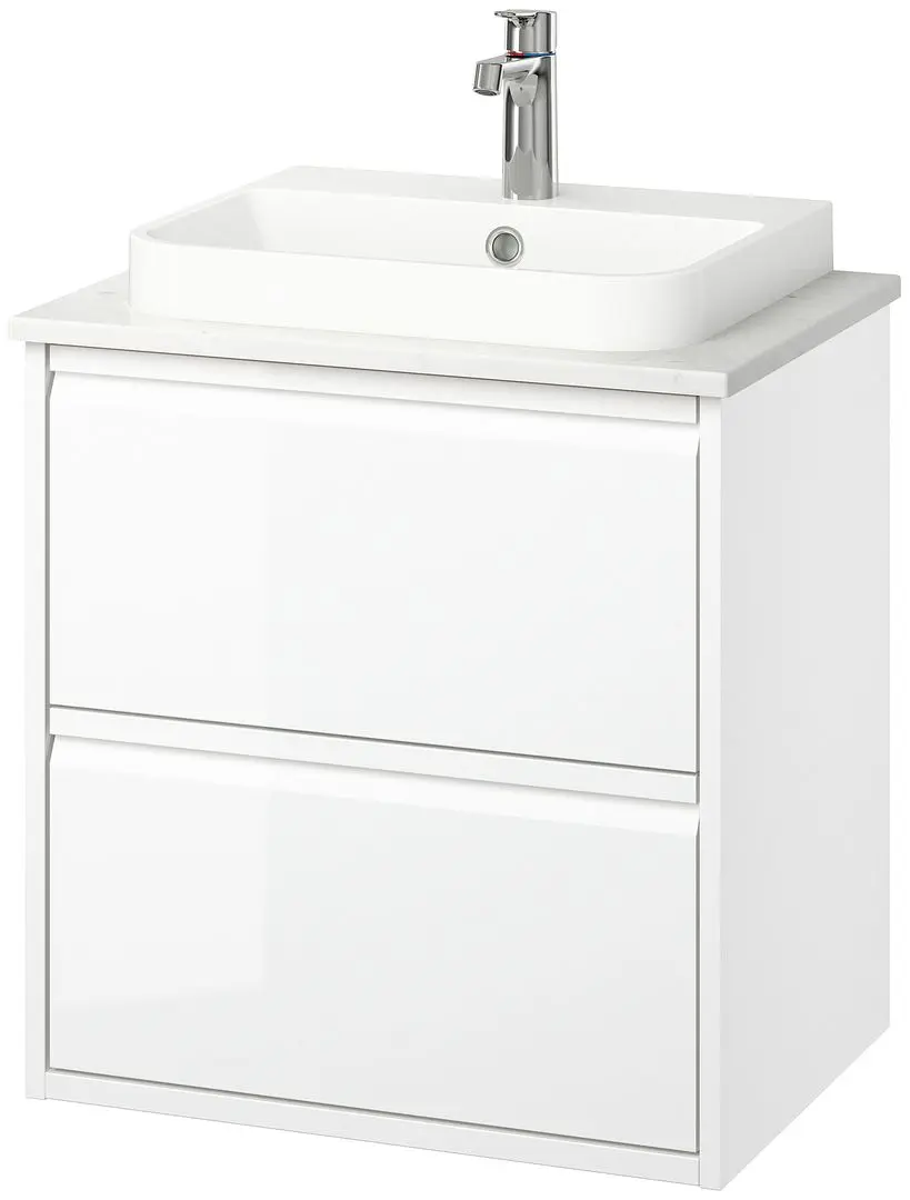 Набор тумбы с раковиной Ikea Angsjon/Backsjon с ящиками 62x49x71 (Глянцевый Белый/Имитация Белого Мрамора) - 2