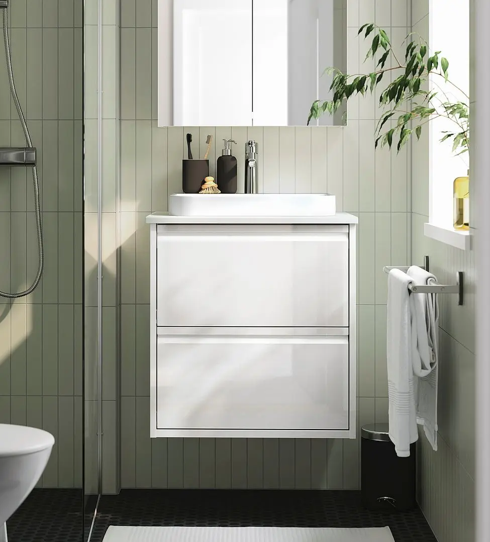 Набор тумбы с раковиной Ikea Angsjon/Backsjon с ящиками 62x49x71 (Глянцевый Белый/Имитация Белого Мрамора)