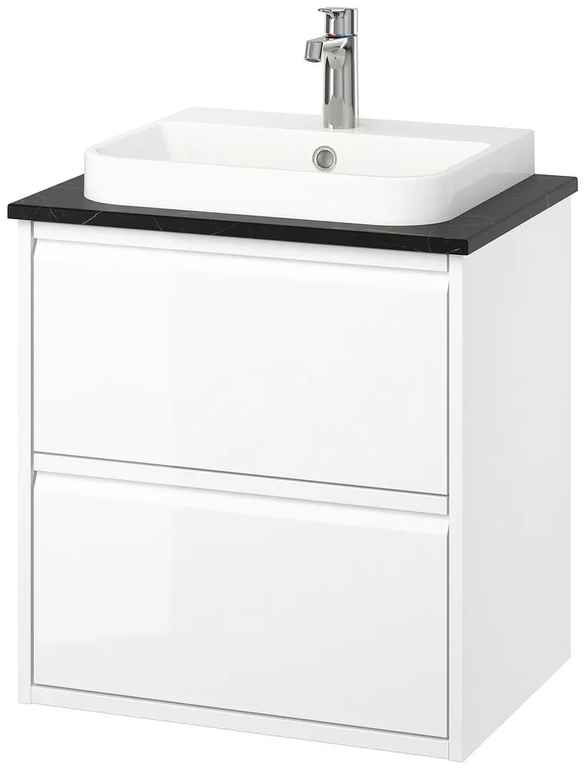 Набор тумбы с раковиной Ikea Angsjon/Backsjon с ящиками 62x49x71 (Глянцевый Белый/Имитация Черного Мрамора) - 2