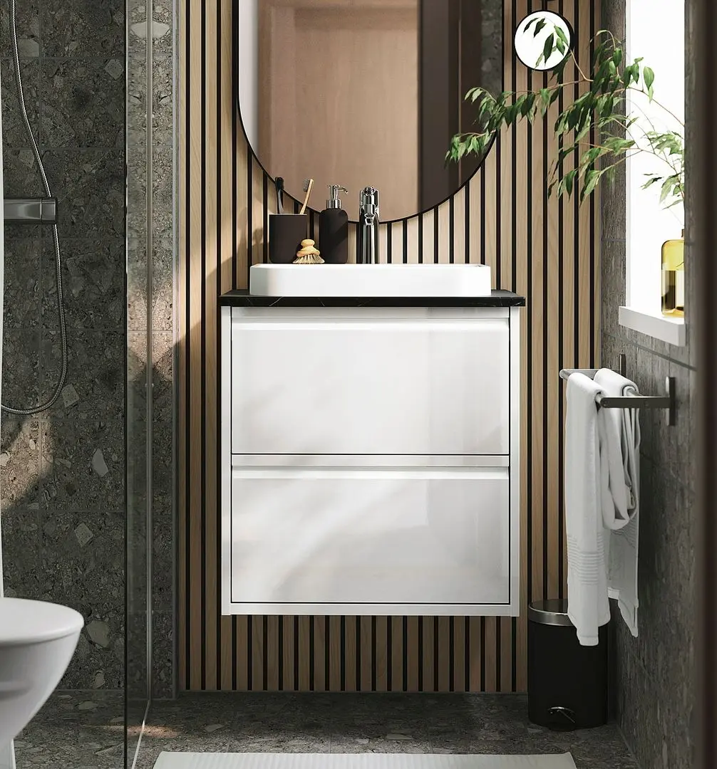 Набор тумбы с раковиной Ikea Angsjon/Backsjon с ящиками 62x49x71 (Глянцевый Белый/Имитация Черного Мрамора)