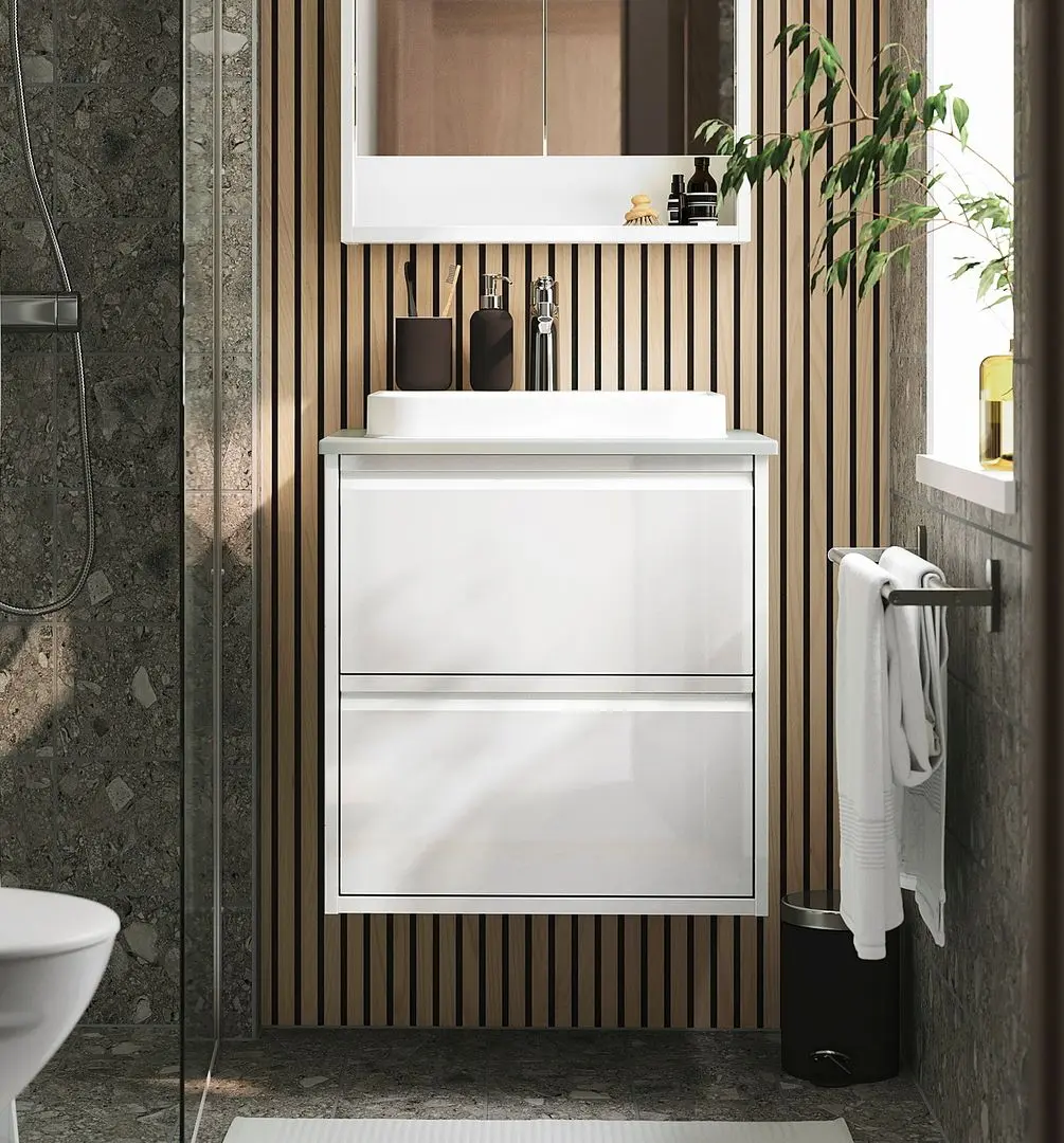 Набор тумбы с раковиной Ikea Angsjon/Backsjon с ящиками 62x49x71 (Глянцевый Белый/Имитация Камня)