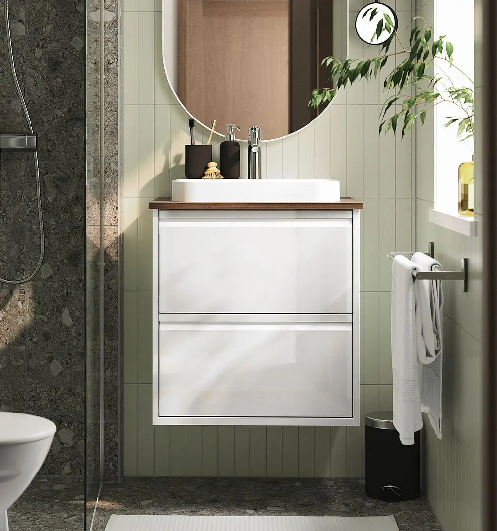 Set tumba cu lavoar Ikea Angsjon/Backsjon cu sertare 62x49x71 (Alb Lucios/Aspect Nuc)