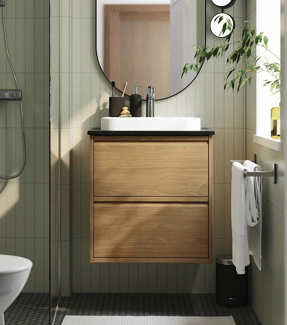 Набор тумбы с раковиной Ikea Angsjon/Backsjon с ящиками 62x49x71 (Имитация Дуба/Имитация Черного Мрамора)