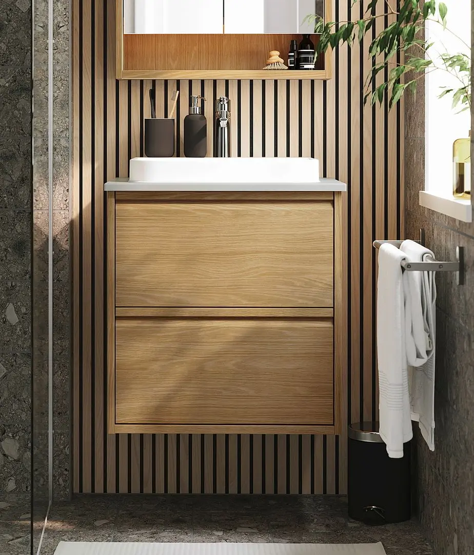 Set tumba cu lavoar Ikea Angsjon/Backsjon cu sertare 62x49x71 (Aspect Stejar/Aspect Piatra)