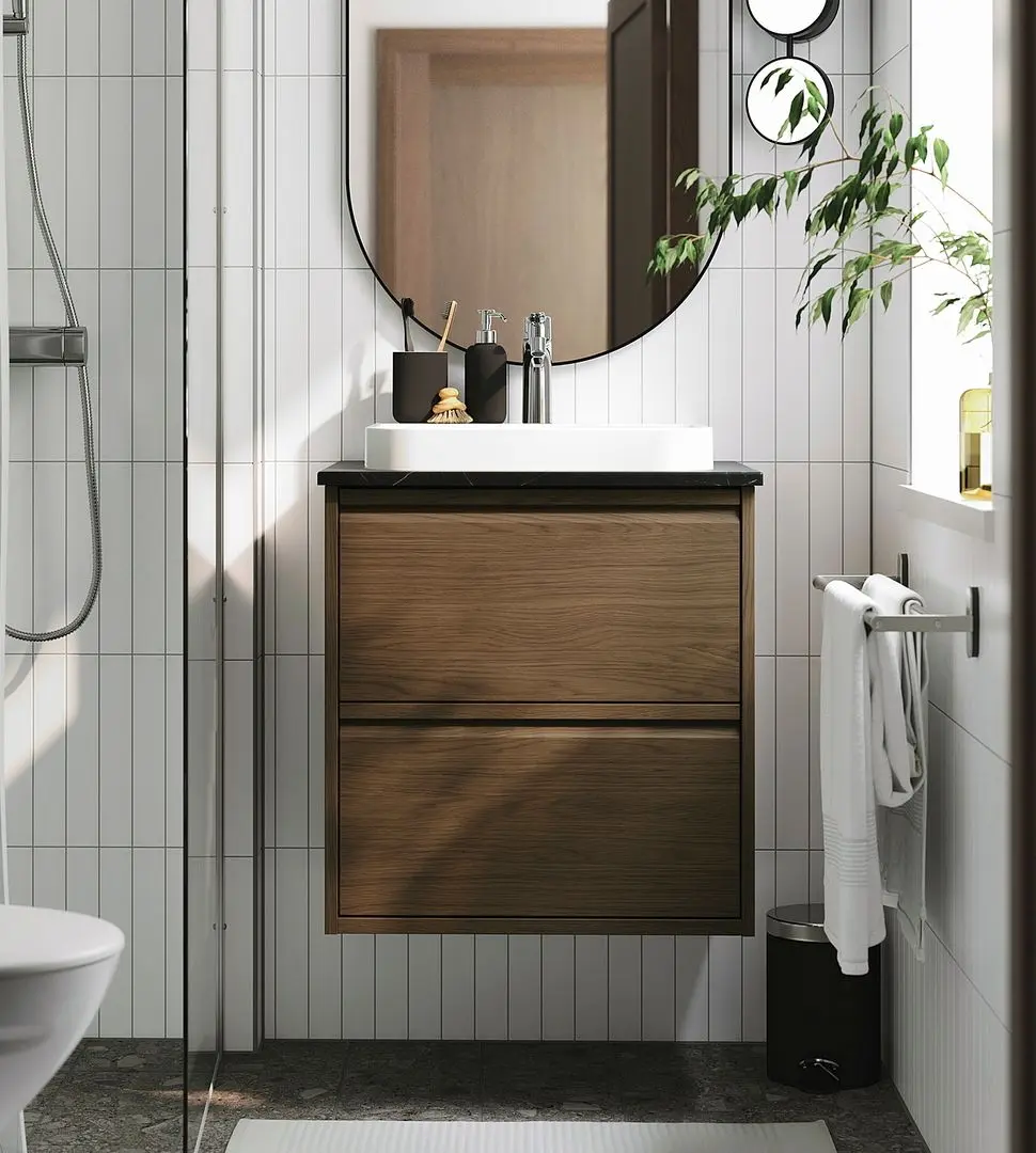 Набор тумбы с раковиной Ikea Angsjon/Backsjon с ящиками 62x49x71 (Имитация Коричневого Дуба/Имитация Черного Мрамора)