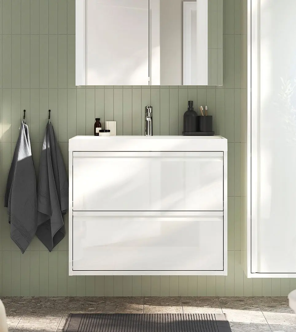 Набор тумбы с раковиной Ikea Angsjon/Backsjon с ящиками 80x48x69 (Глянцевый Белый)