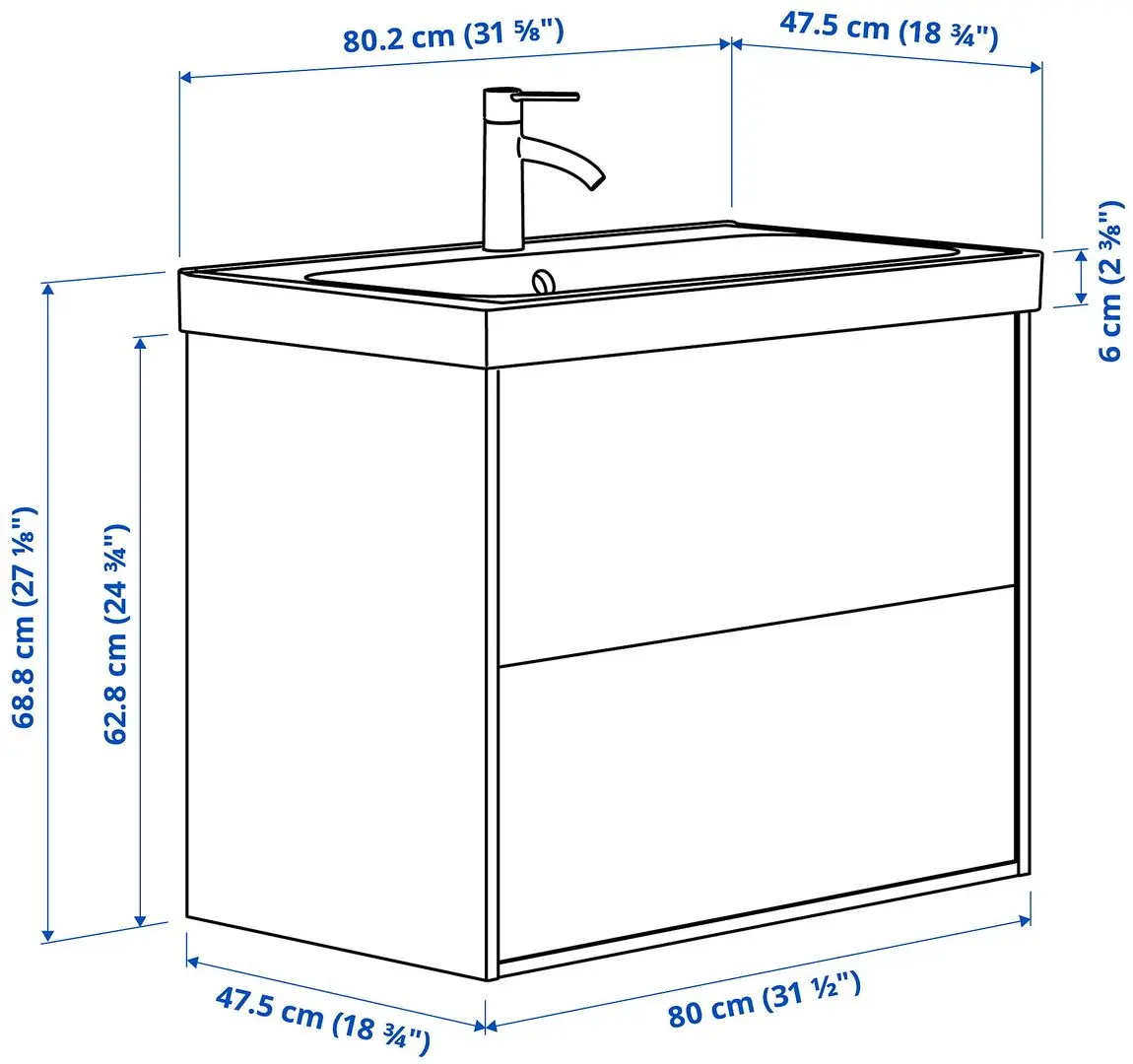 Набор тумбы с раковиной Ikea Angsjon/Backsjon с ящиками 80x48x69 (Имитация Коричневого Дуба) - 9