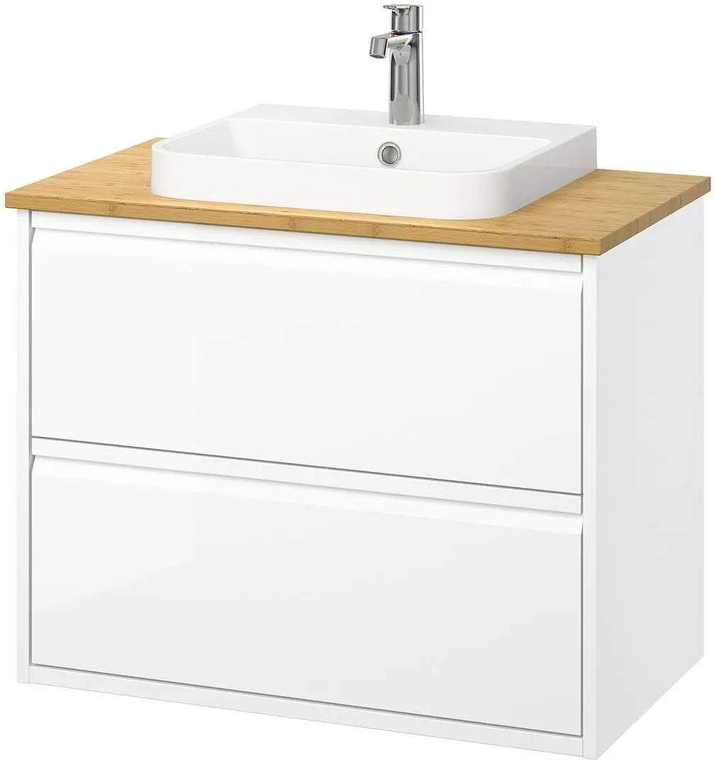 Набор тумбы с раковиной Ikea Angsjon/Backsjon с ящиками 82x49x71 (Глянцевый Белый/Бамбук) - 2