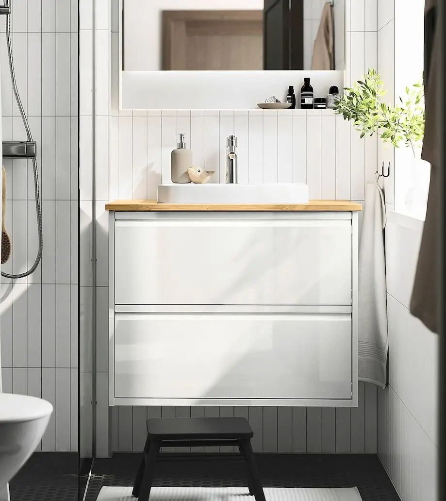 Набор тумбы с раковиной Ikea Angsjon/Backsjon с ящиками 82x49x71 (Глянцевый Белый/Бамбук)