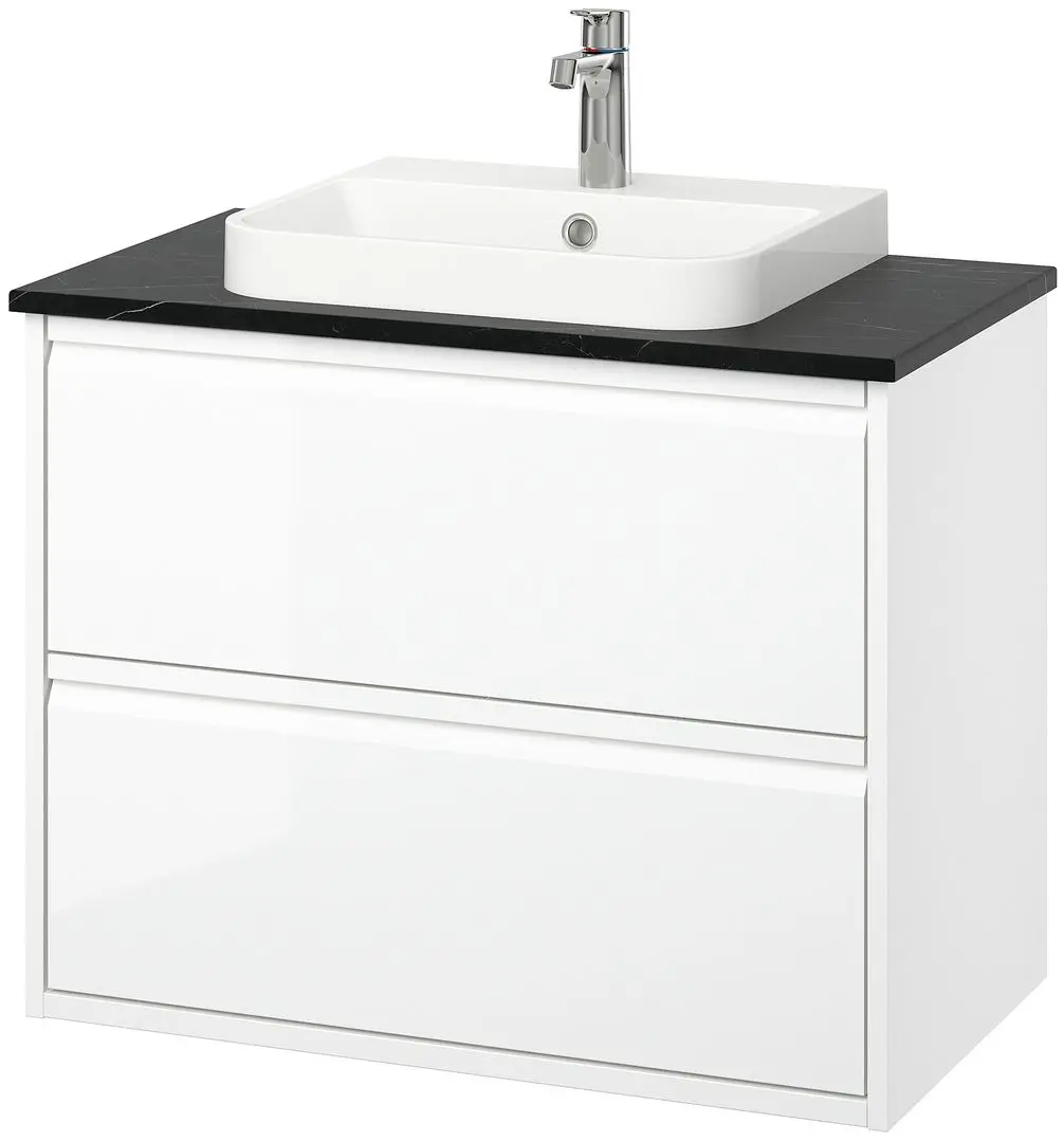 Набор тумбы с раковиной Ikea Angsjon/Backsjon с ящиками 82x49x71 (Глянцевый Белый/Имитация Черного Мрамора) - 2