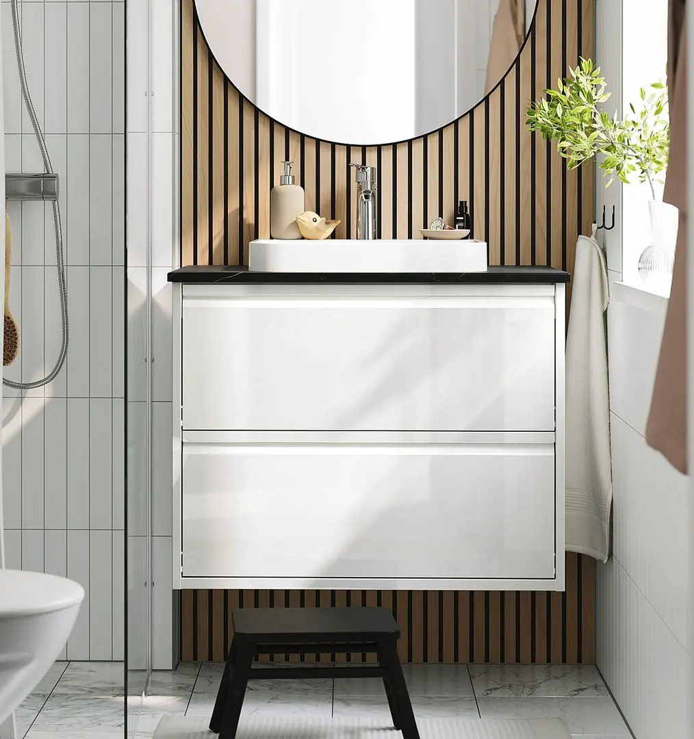 Набор тумбы с раковиной Ikea Angsjon/Backsjon с ящиками 82x49x71 (Глянцевый Белый/Имитация Черного Мрамора)