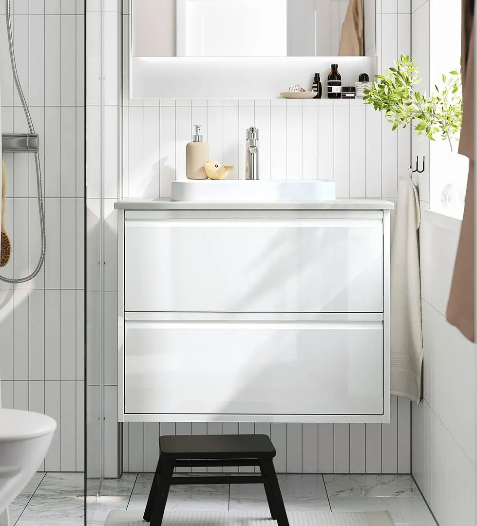 Набор тумбы с раковиной Ikea Angsjon/Backsjon с ящиками 82x49x71 (Глянцевый Белый/Имитация Камня)