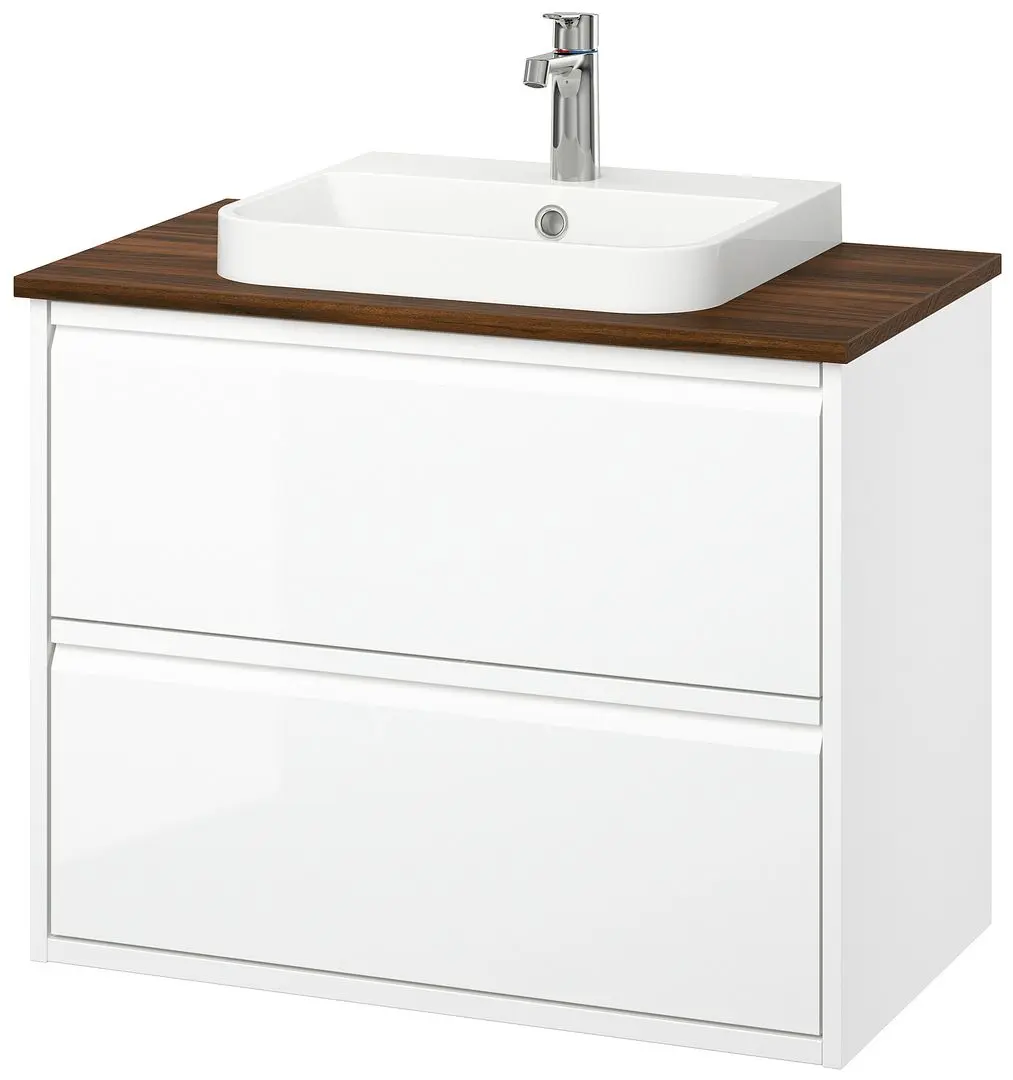 Набор тумбы с раковиной Ikea Angsjon/Backsjon с ящиками 82x49x71 (Глянцевый Белый/Имитация Ореха) - 2