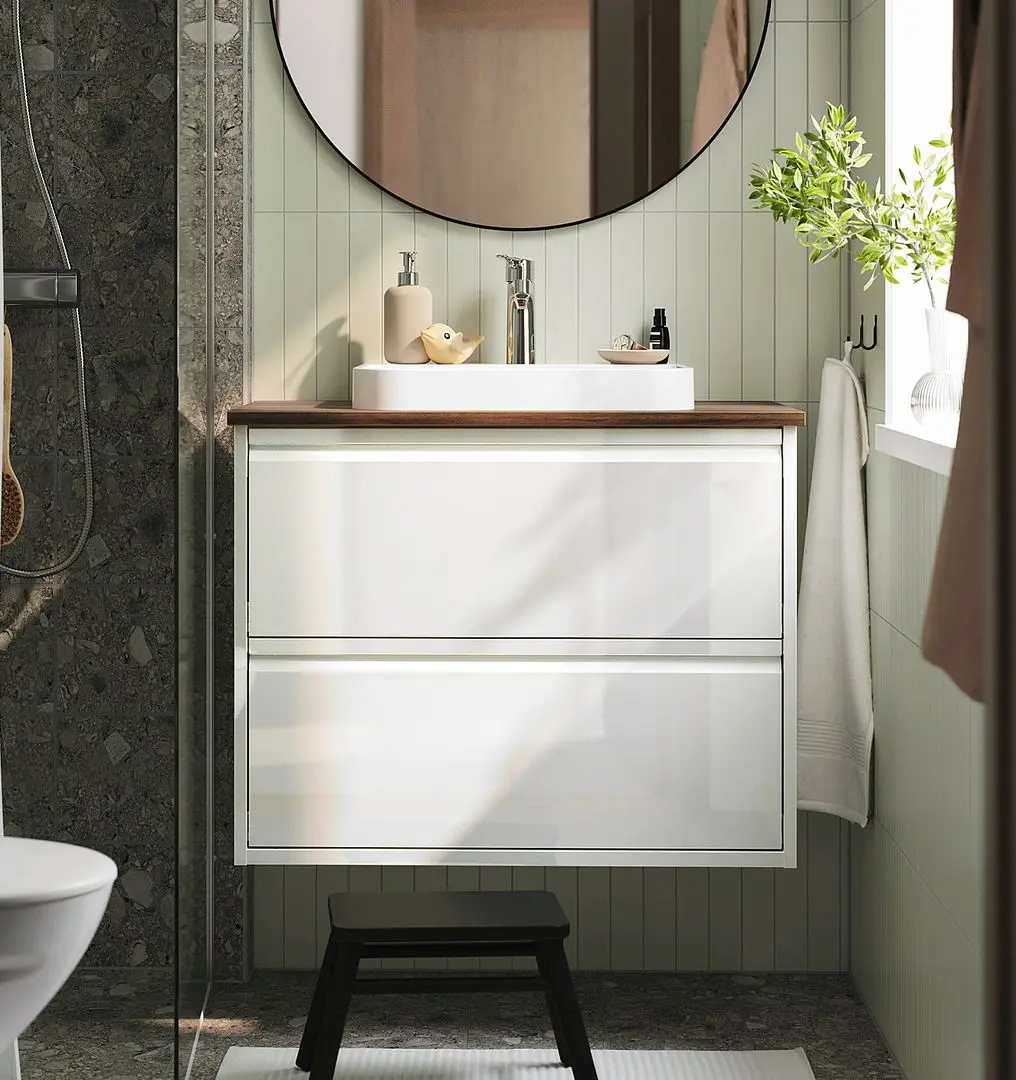 Набор тумбы с раковиной Ikea Angsjon/Backsjon с ящиками 82x49x71 (Глянцевый Белый/Имитация Ореха)