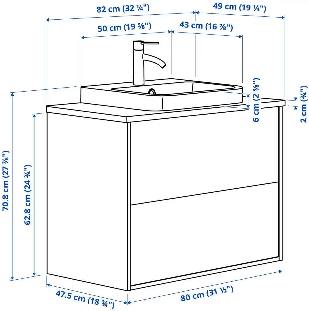 Набор тумбы с раковиной Ikea Angsjon/Backsjon с ящиками 82x49x71 (Имитация Дуба/Имитация Белого Мрамора) - 10