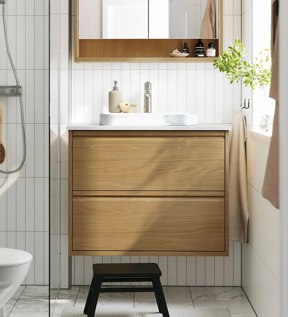 Набор тумбы с раковиной Ikea Angsjon/Backsjon с ящиками 82x49x71 (Имитация Дуба/Имитация Белого Мрамора)