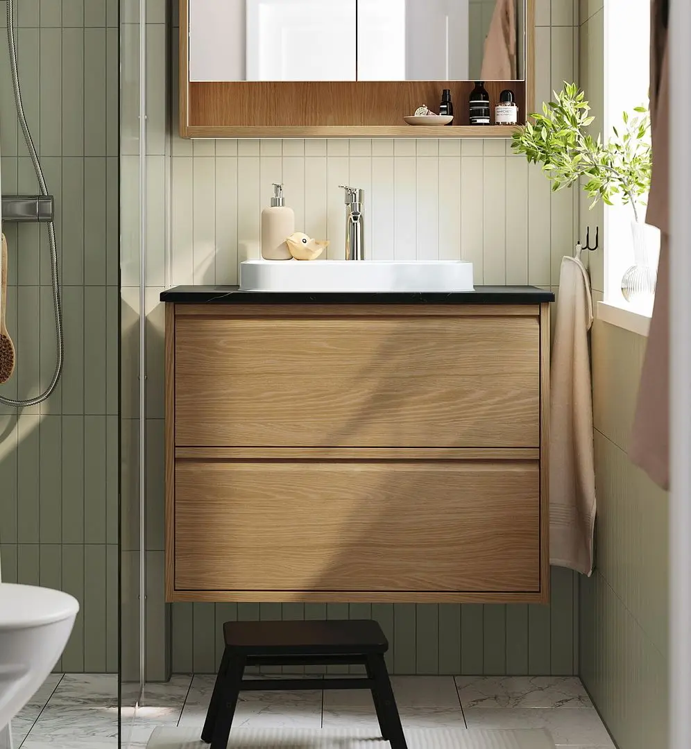 Set tumba cu lavoar Ikea Angsjon/Backsjon cu sertare 82x49x71 (Aspect Stejar/Aspect Marmura Neagra)