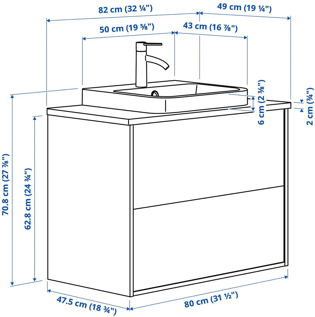 Набор тумбы с раковиной Ikea Angsjon/Backsjon с ящиками 82x49x71 (Имитация Коричневого Дуба/Имитация Белого Мрамора) - 10