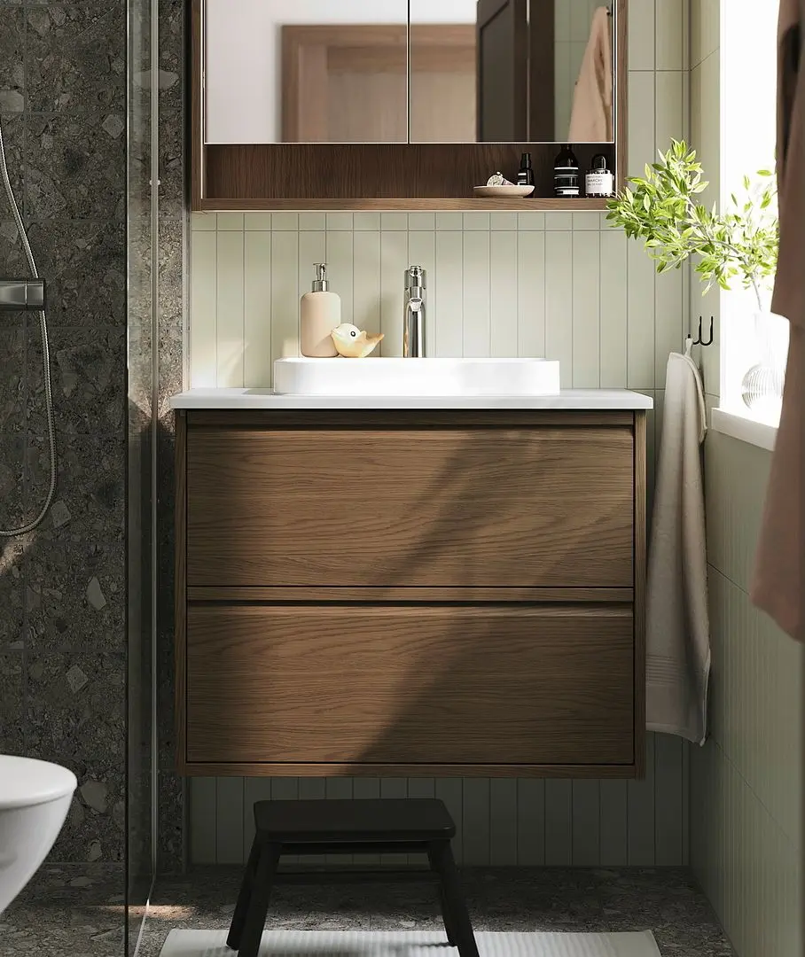 Набор тумбы с раковиной Ikea Angsjon/Backsjon с ящиками 82x49x71 (Имитация Коричневого Дуба/Имитация Белого Мрамора)