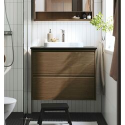 Набор тумбы с раковиной Ikea Angsjon/Backsjon с ящиками 82x49x71 (Имитация Коричневого Дуба/Имитация Черного Мрамора)