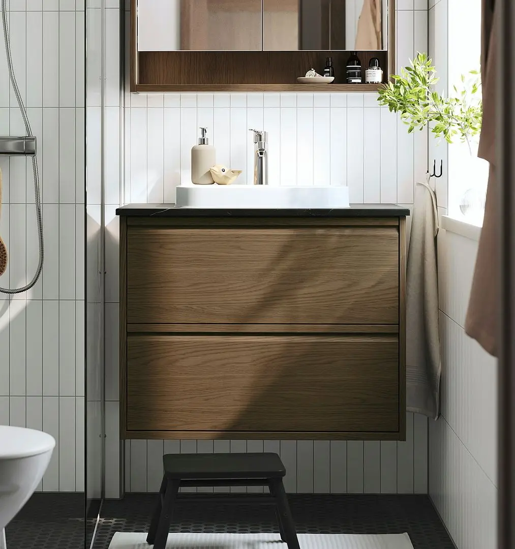 Набор тумбы с раковиной Ikea Angsjon/Backsjon с ящиками 82x49x71 (Имитация Коричневого Дуба/Имитация Черного Мрамора)