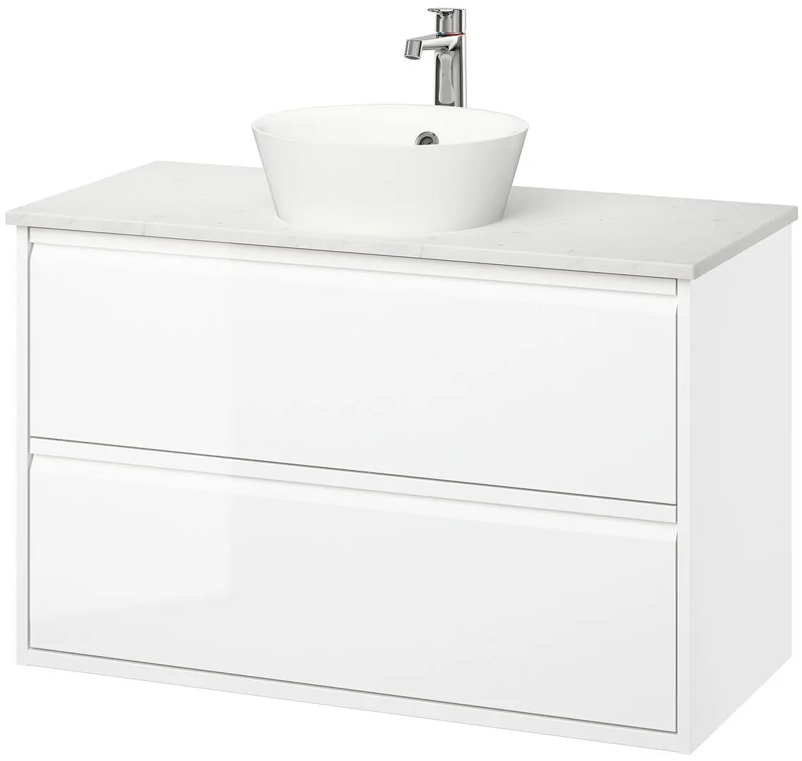 Набор тумбы с раковиной Ikea Angsjon/Kattevik с ящиками 102x49x80 (Глянцевый Белый/Имитация Белого Мрамора) - 2