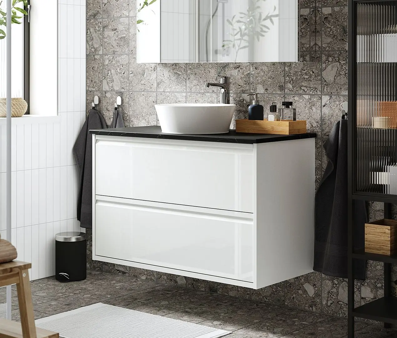 Набор тумбы с раковиной Ikea Angsjon/Kattevik с ящиками 102x49x80 (Глянцевый Белый/Имитация Черного Мрамора)