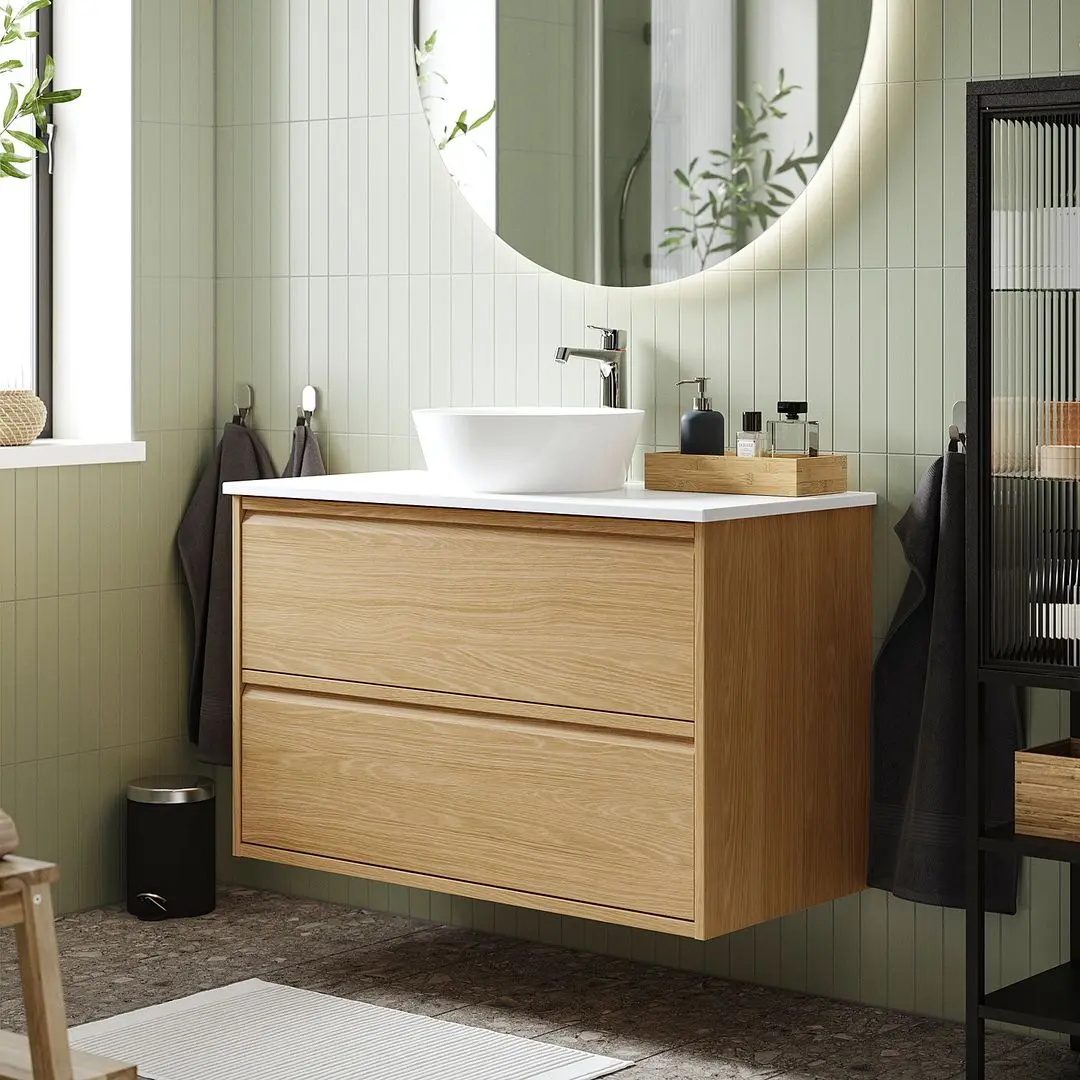 Набор тумбы с раковиной Ikea Angsjon/Kattevik с ящиками 102x49x80 (Имитация Дуба/Имитация Белого Мрамора)