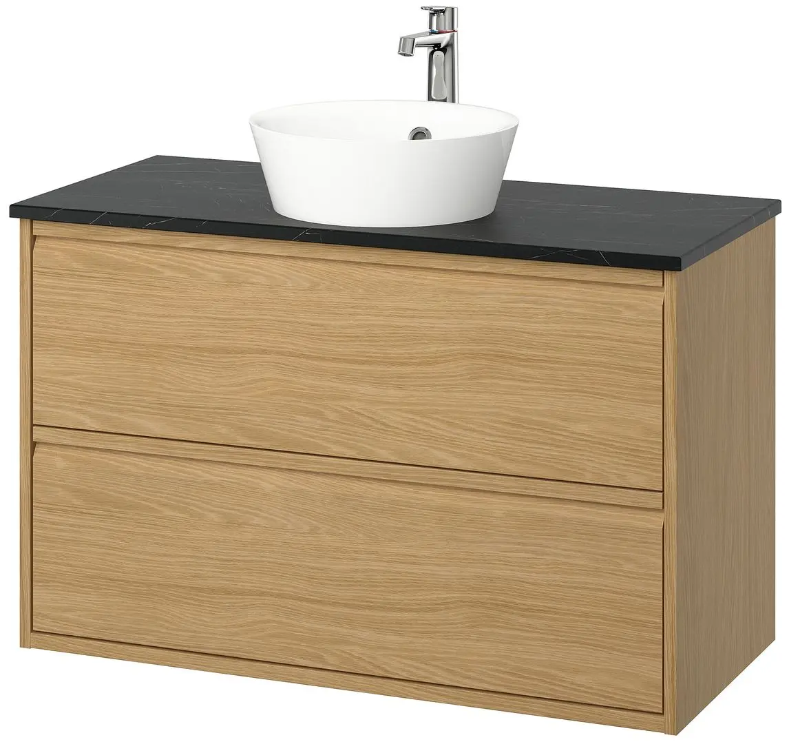 Набор тумбы с раковиной Ikea Angsjon/Kattevik с ящиками 102x49x80 (Имитация Дуба/Имитация Черного Мрамора) - 2