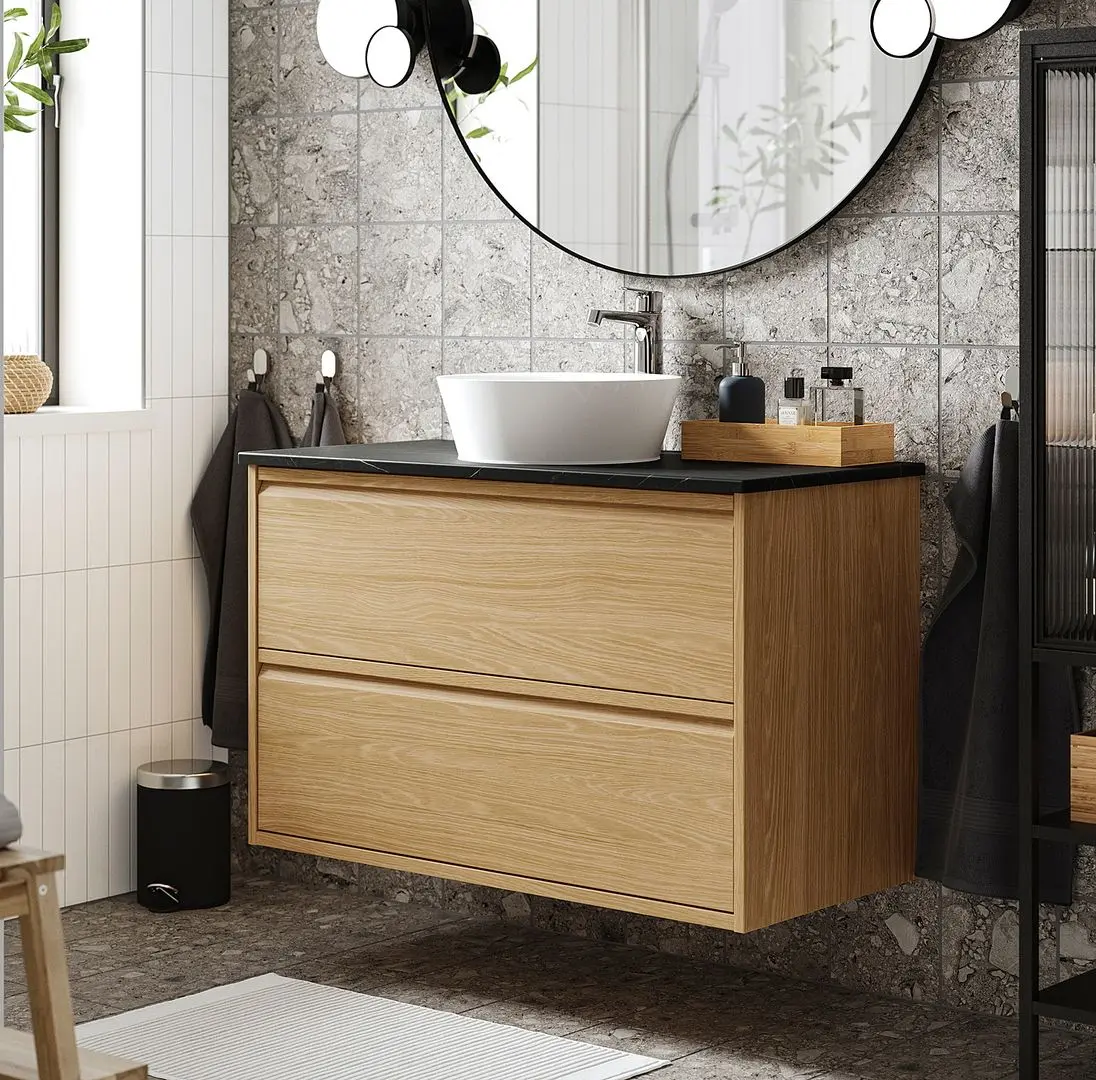 Набор тумбы с раковиной Ikea Angsjon/Kattevik с ящиками 102x49x80 (Имитация Дуба/Имитация Черного Мрамора)