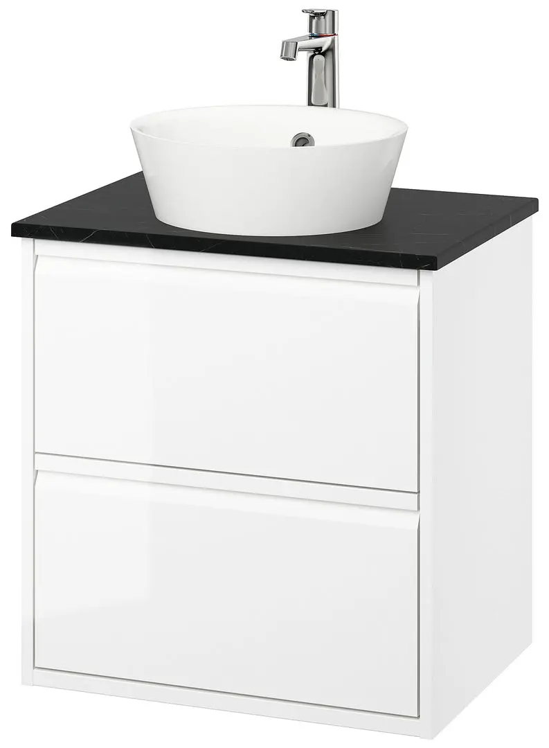 Набор тумбы с раковиной Ikea Angsjon/Kattevik с ящиками 62x49x80 (Глянцевый Белый/Имитация Черного Мрамора) - 2