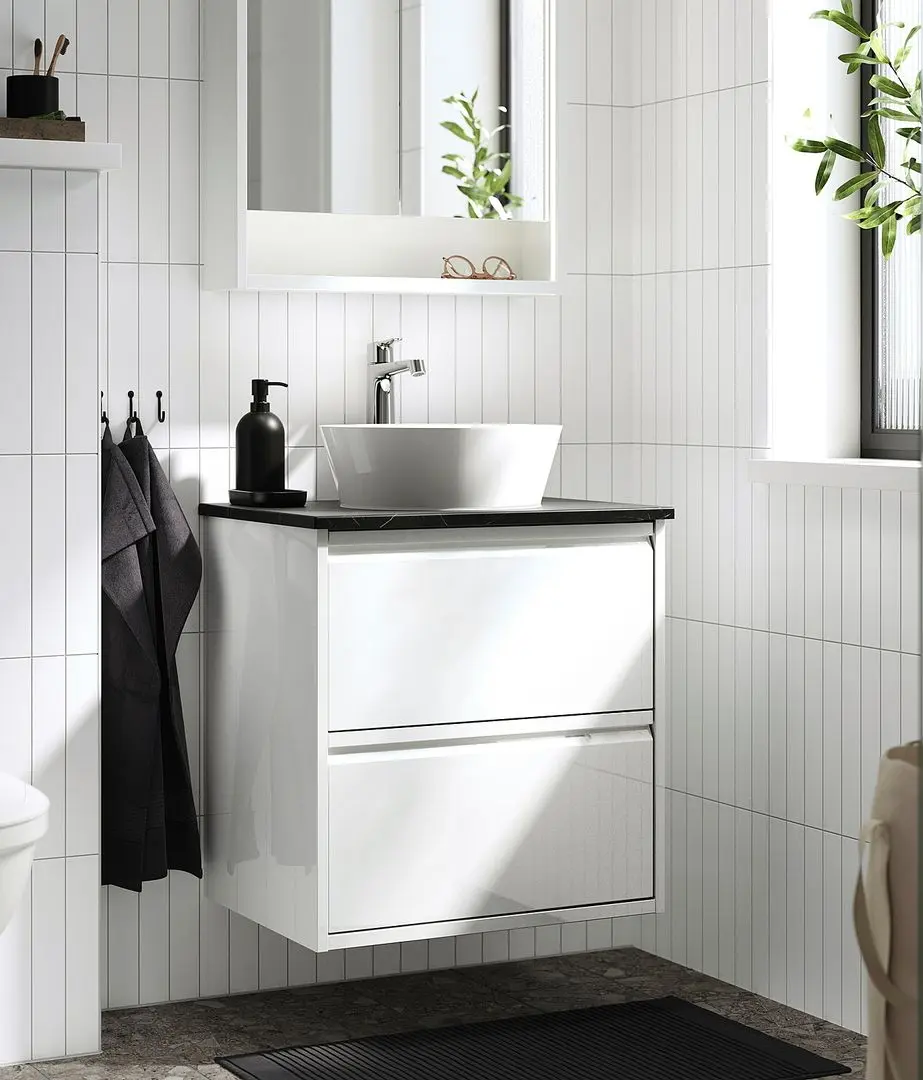 Набор тумбы с раковиной Ikea Angsjon/Kattevik с ящиками 62x49x80 (Глянцевый Белый/Имитация Черного Мрамора)