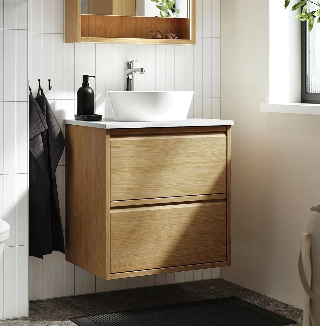 Набор тумбы с раковиной Ikea Angsjon/Kattevik с ящиками 62x49x80 (Имитация Дуба/Имитация Белого Мрамора)