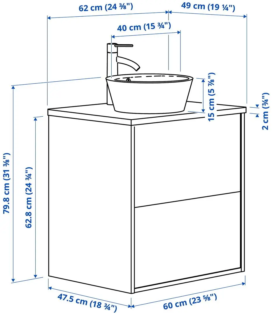 Набор тумбы с раковиной Ikea Angsjon/Kattevik с ящиками 62x49x80 (Имитация Дуба/Имитация Черного Мрамора) - 10