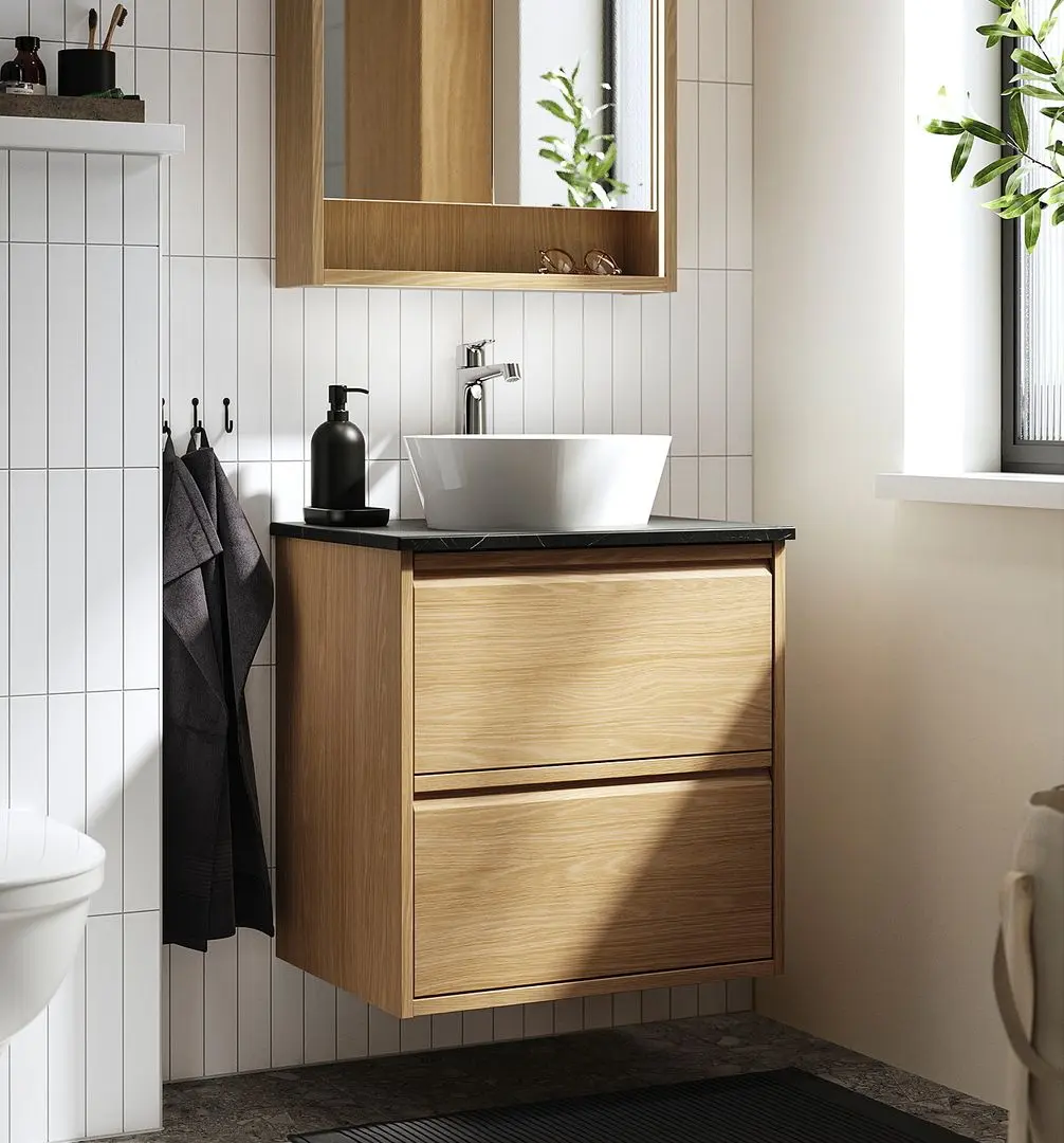 Набор тумбы с раковиной Ikea Angsjon/Kattevik с ящиками 62x49x80 (Имитация Дуба/Имитация Черного Мрамора)