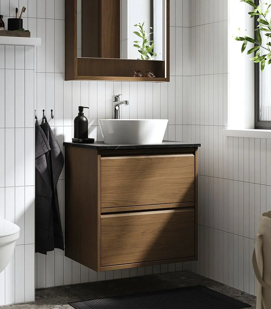 Набор тумбы с раковиной Ikea Angsjon/Kattevik с ящиками 62x49x80 (Имитация Коричневого Дуба/Имитация Черного Мрамора)