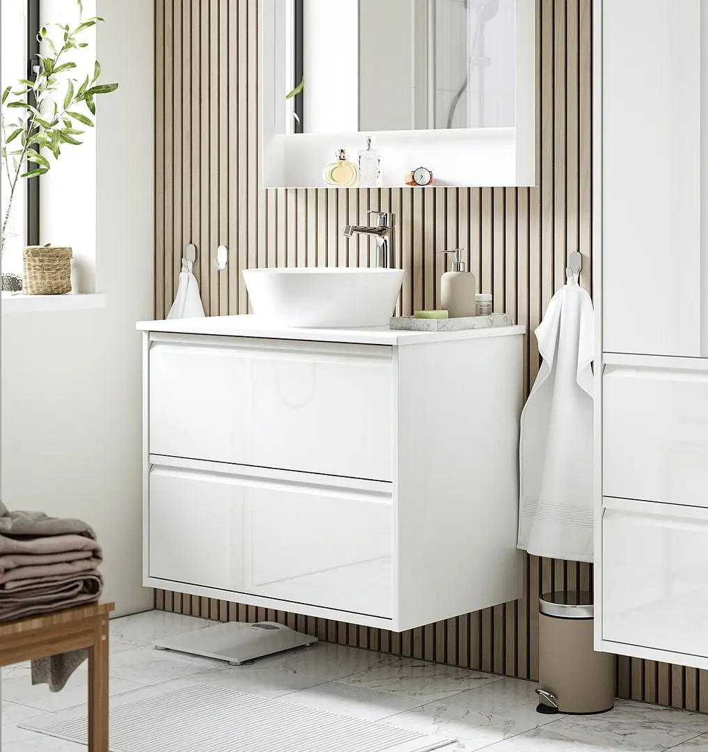 Set tumba cu lavoar Ikea Angsjon/Kattevik cu sertare 82x49x80 (Alb Lucios/Aspect Marmura Alba)