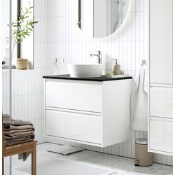 Набор тумбы с раковиной Ikea Angsjon/Kattevik с ящиками 82x49x80 (Глянцевый Белый/Имитация Черного Мрамора)