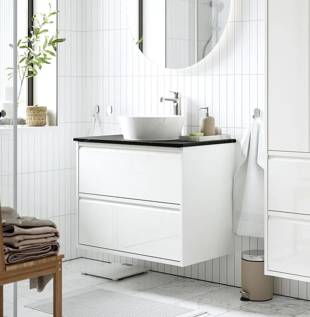 Набор тумбы с раковиной Ikea Angsjon/Kattevik с ящиками 82x49x80 (Глянцевый Белый/Имитация Черного Мрамора)