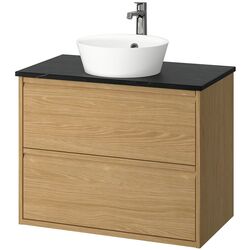 Набор тумбы с раковиной Ikea Angsjon/Kattevik с ящиками 82x49x80 (Имитация Дуба/Имитация Черного Мрамора) Thumb