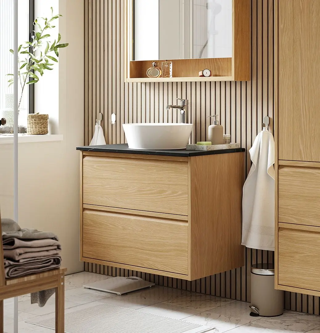 Набор тумбы с раковиной Ikea Angsjon/Kattevik с ящиками 82x49x80 (Имитация Дуба/Имитация Черного Мрамора)