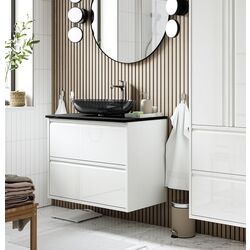 Набор тумбы с раковиной Ikea Angsjon/Oxmyren/Brogrund с ящиками 82x49x77 (Блестящий Белый/Имитация Черного Мрамора)