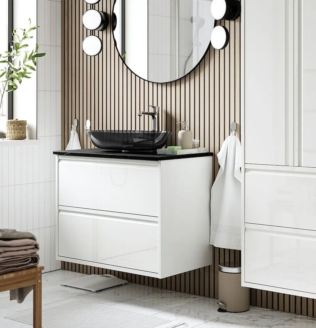 Set tumba cu lavoar Ikea Angsjon/Oxmyren/Brogrund cu sertare 82x49x77 (Alb Lucios/Aspect Marmura Neagra)